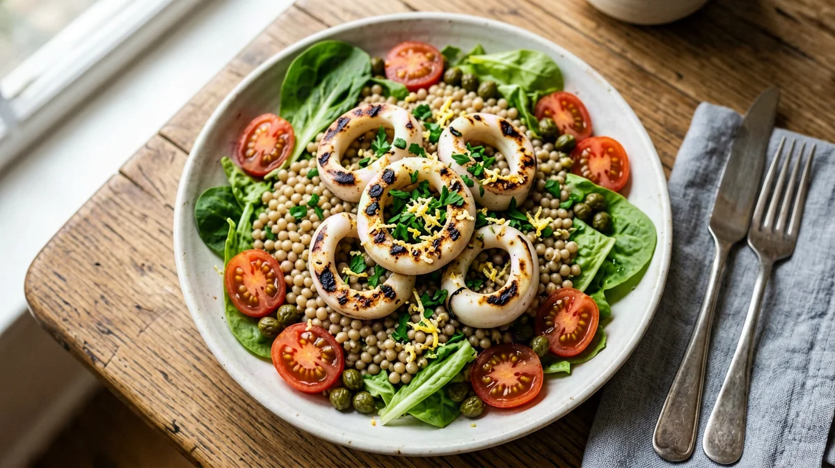 Grilled squid with barley, rocket and cherry tomato salad