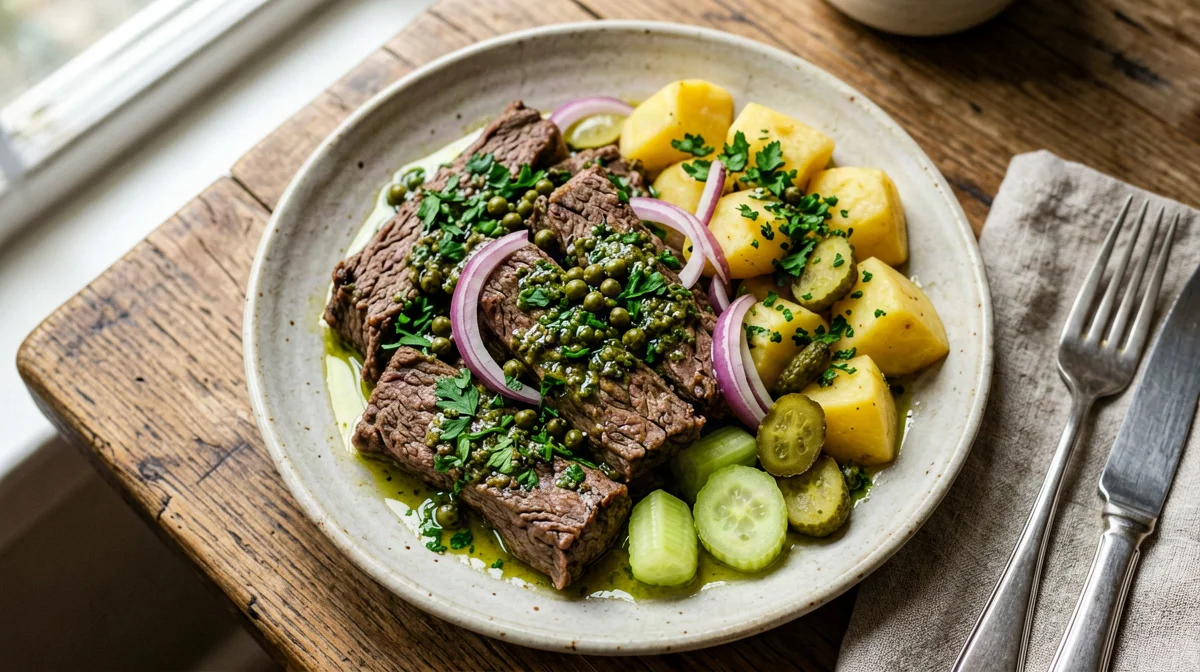 Insalata di bollito di manzo con patate e salsa verde