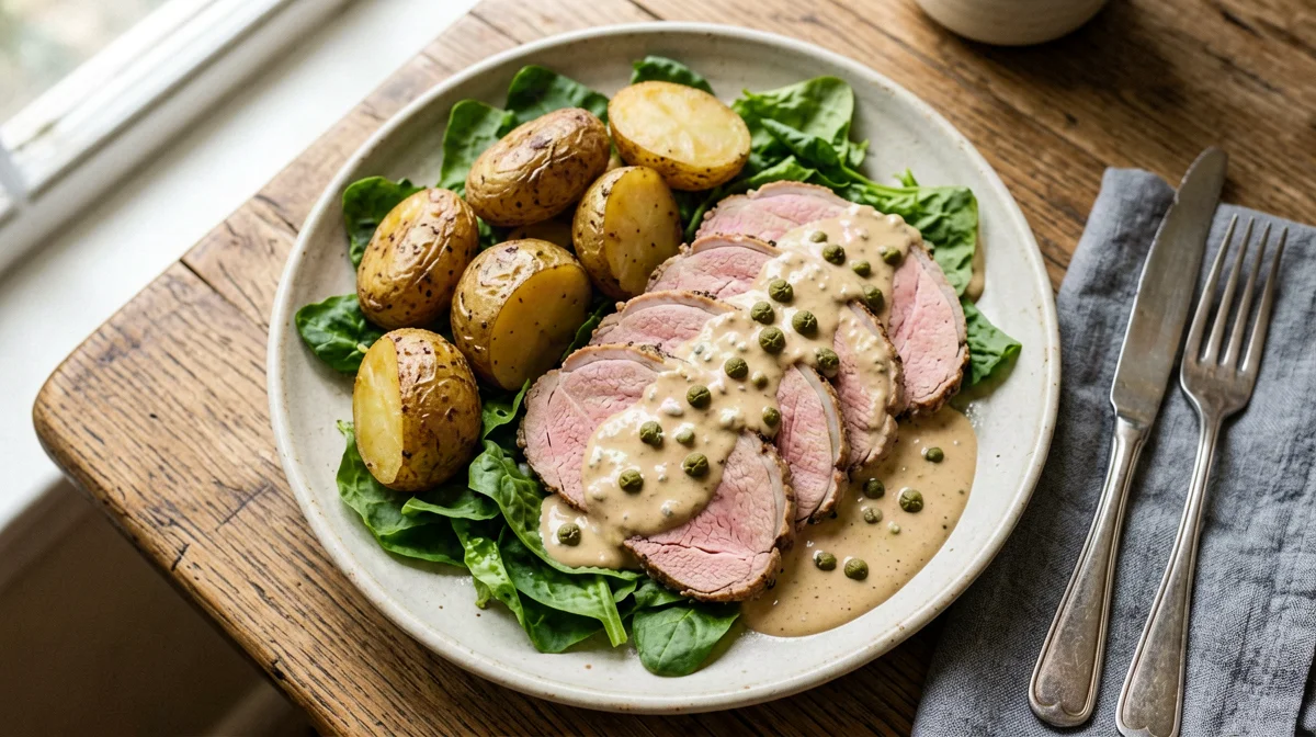 Insalata tiepida di vitello tonnato con patate e capperi
