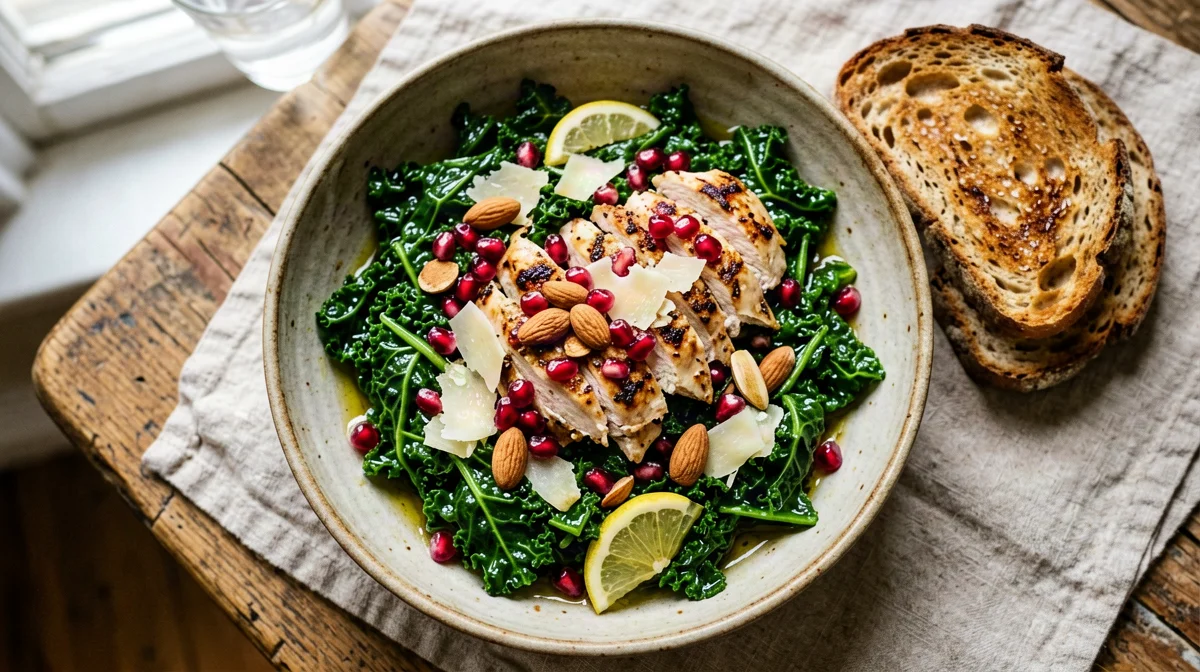 Kale, chicken, pomegranate and almond salad