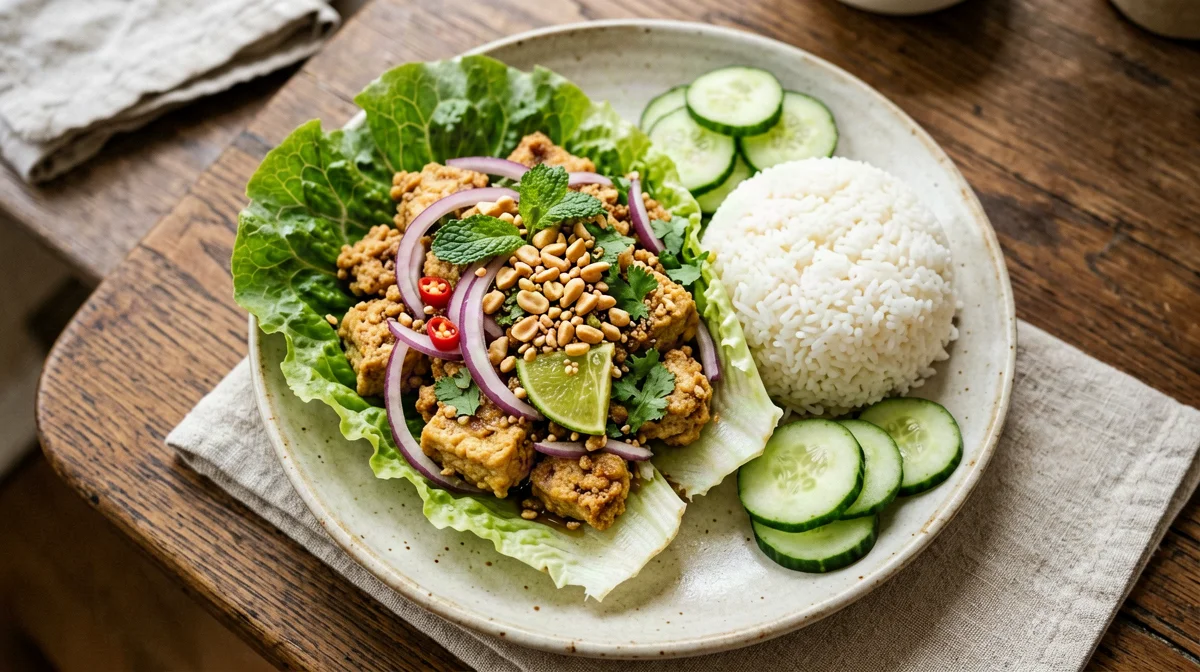 Vegan tofu larb with lettuce, mint and jasmine rice