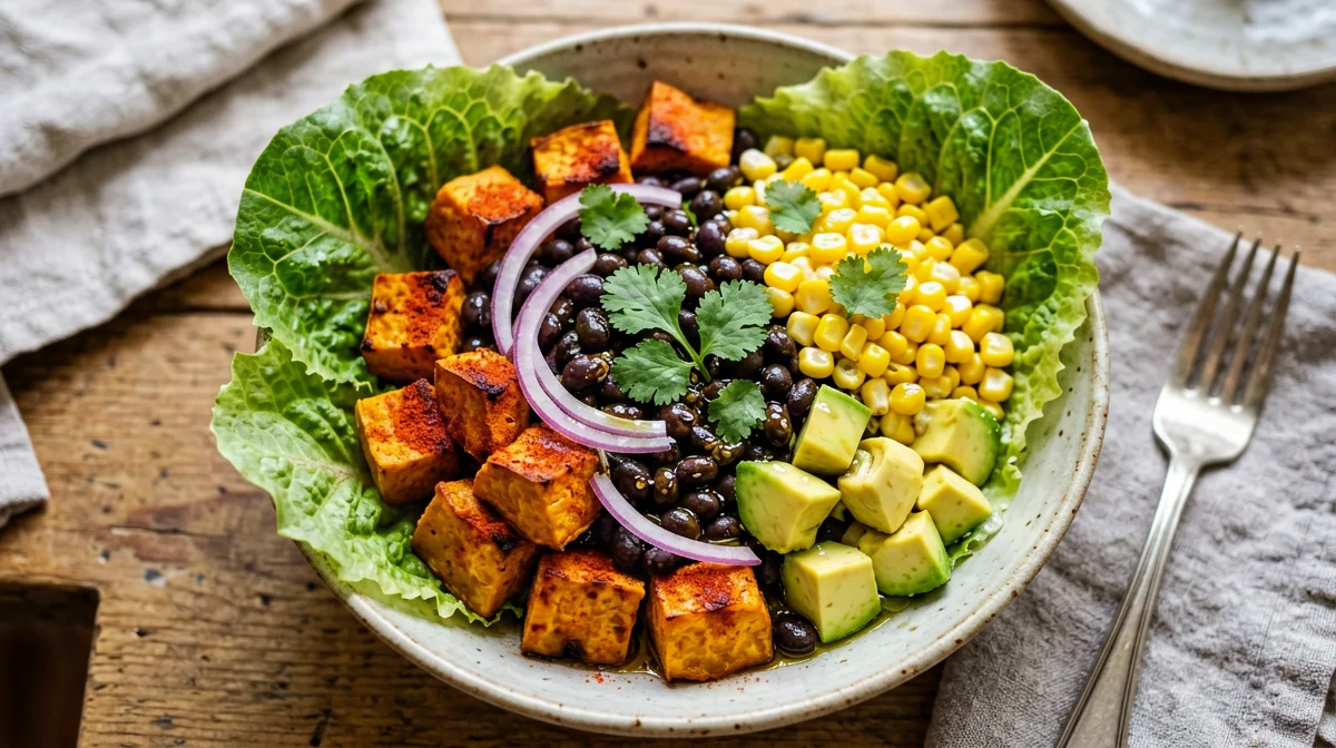Black bean, corn and roasted sweet potato salad with lime