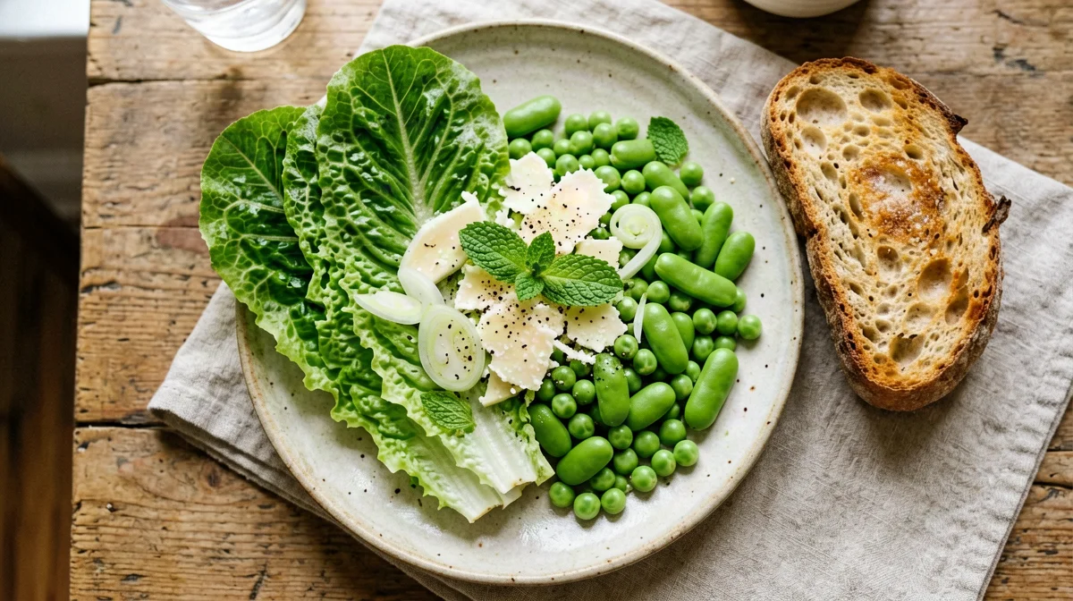 Roman broad bean, pea and pecorino salad with bread