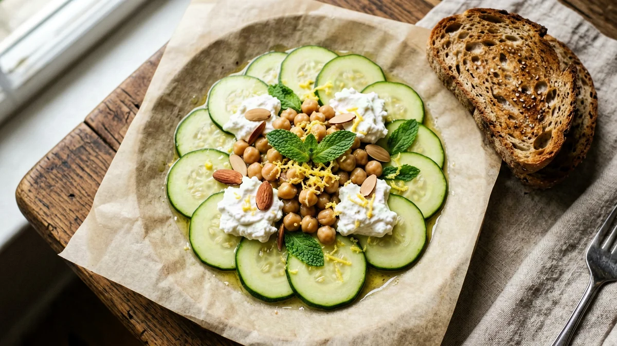 Zucchini carpaccio with ricotta, mint, almonds and multigrain bread