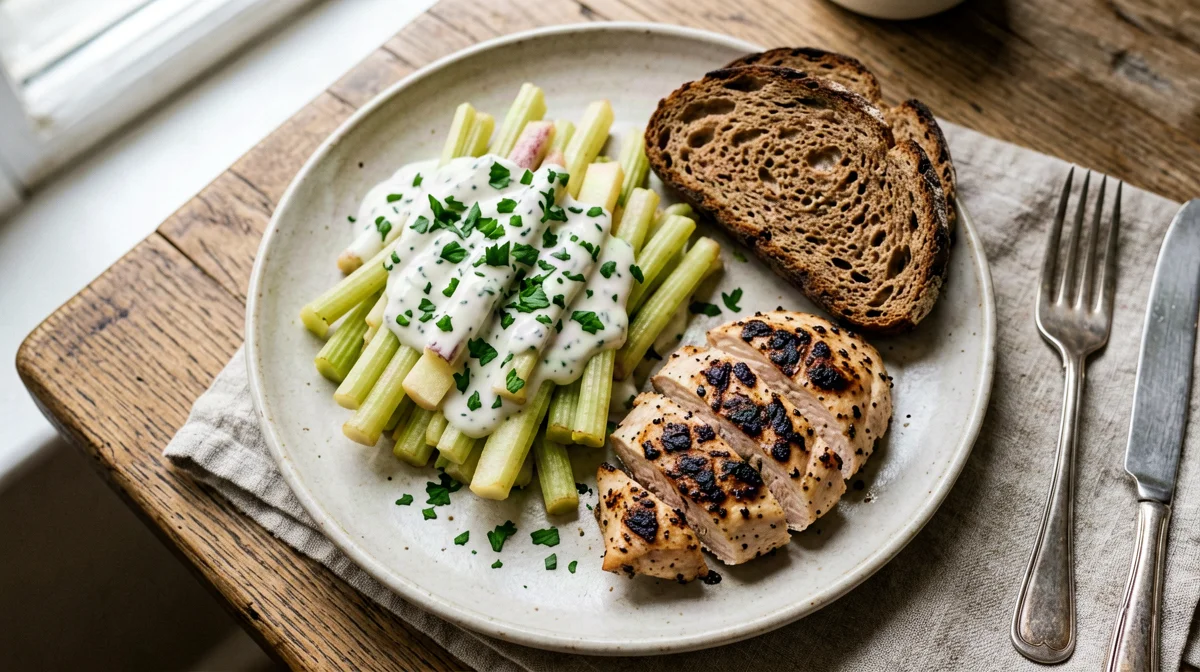 Insalata di sedano rapa e mela con pollo alla senape