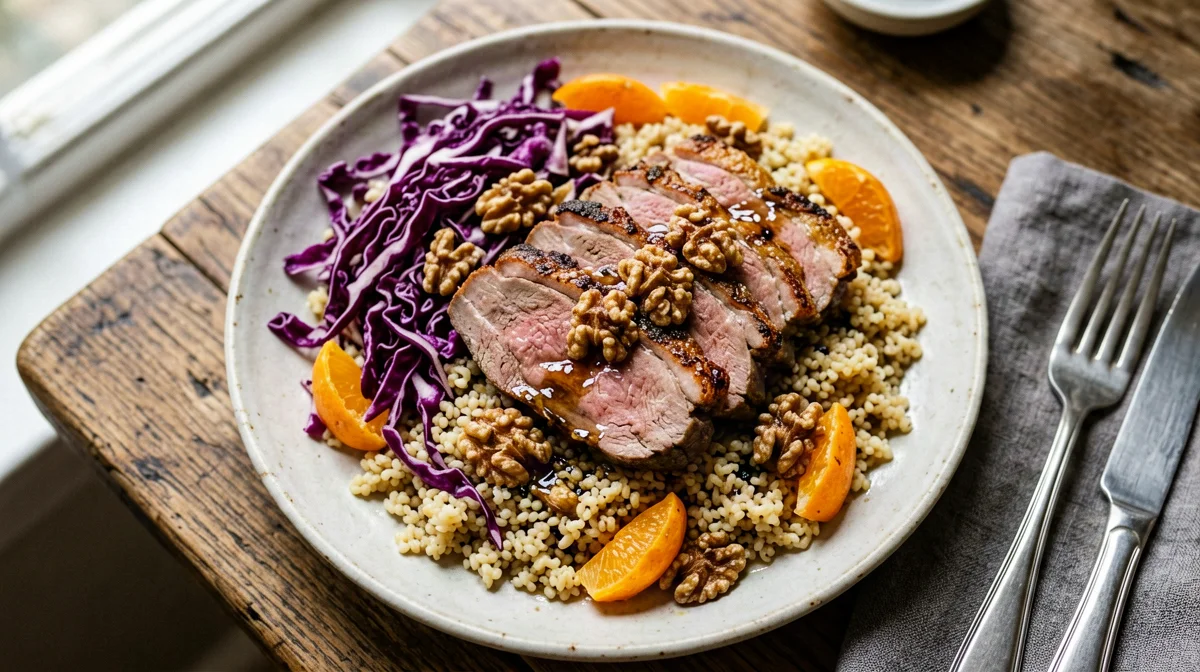 Insalata tiepida di anatra, radicchio, arancia e farro