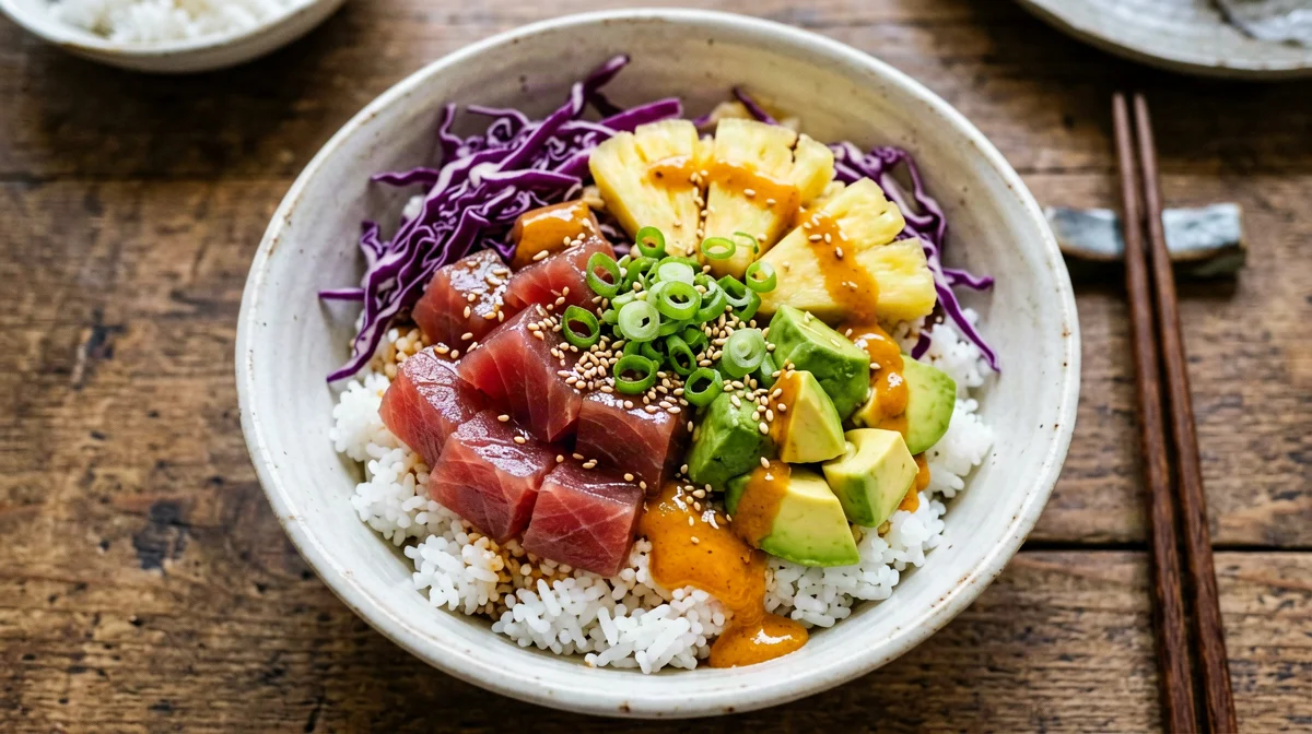 Poke di tonno con avocado, ananas e sriracha