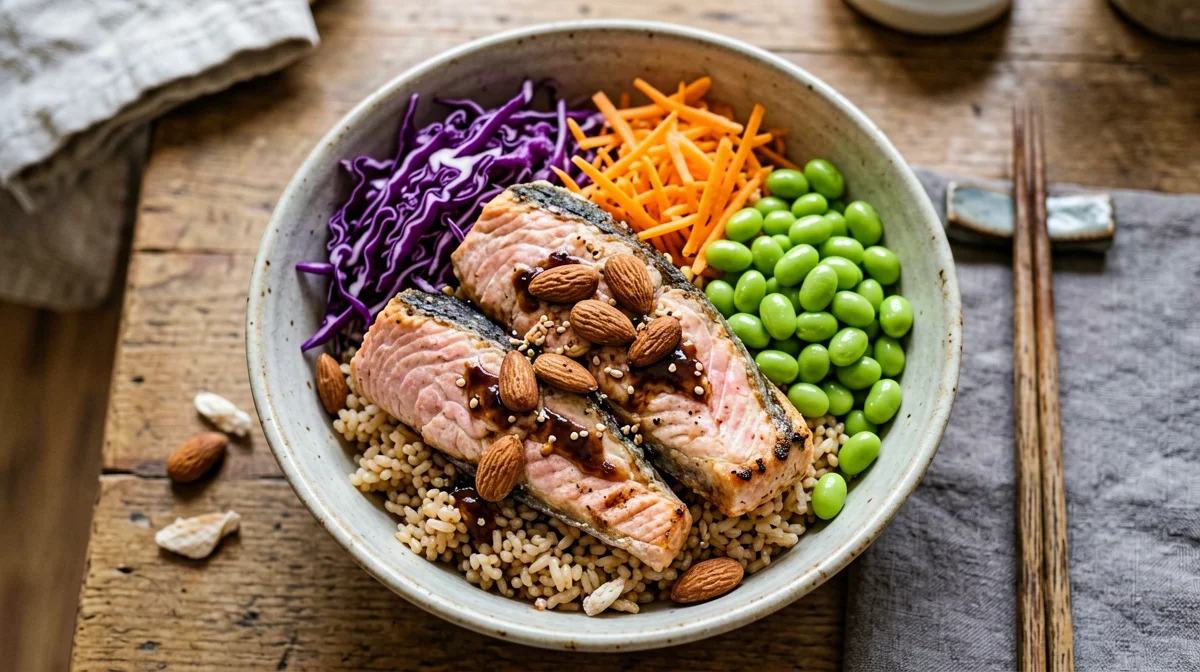 Poke di salmone cotto con riso integrale, cavolo rosso e mandorle