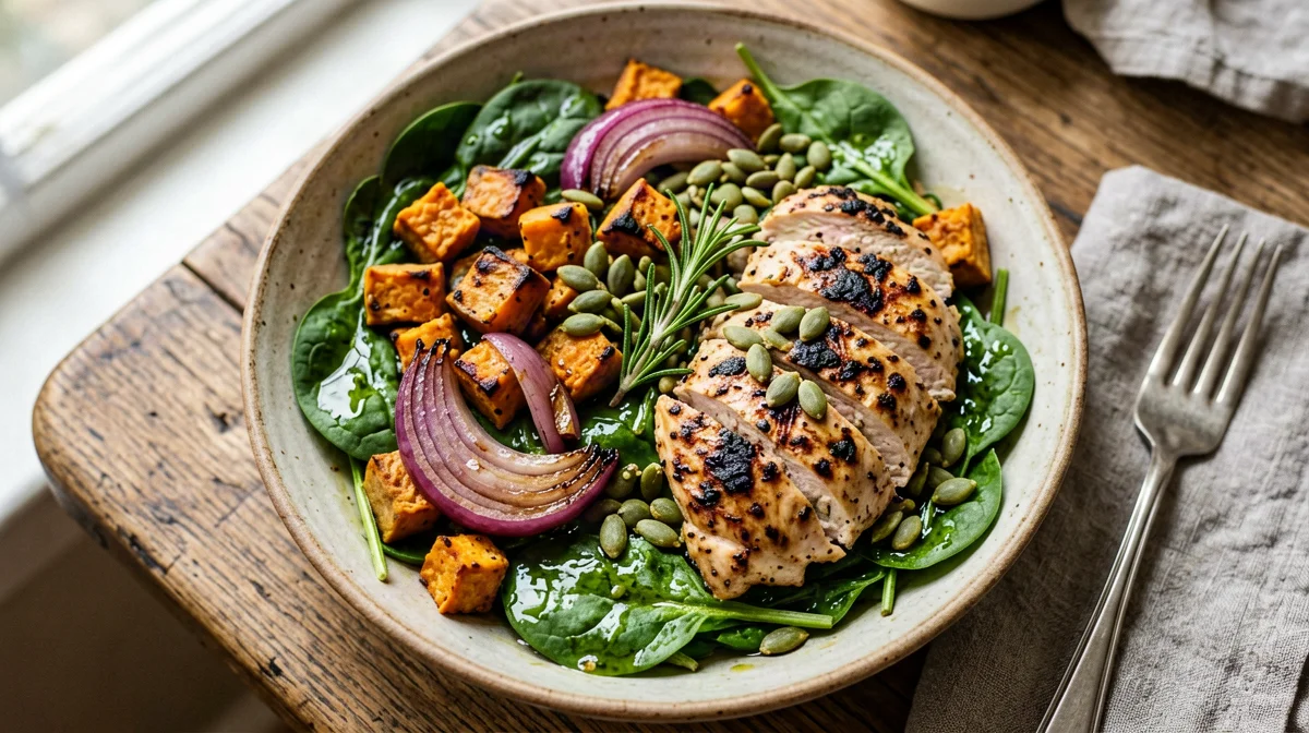 Grilled chicken salad with sweet potato, spinach and pumpkin seeds