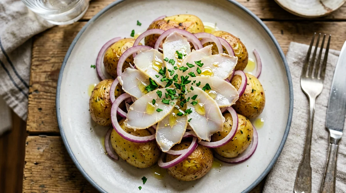Marinated anchovy salad with potatoes and red onion