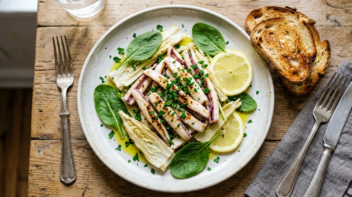Cuttlefish and raw artichoke salad with toasted bread