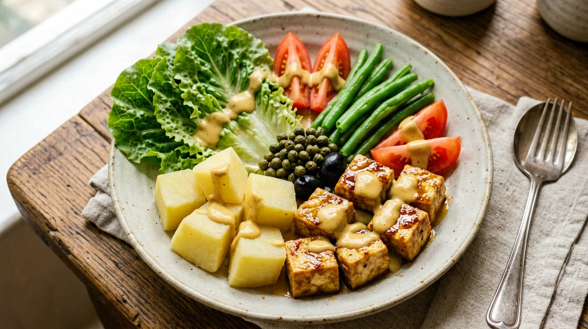 Nizzarda vegana con tempeh, patate, fagiolini e olive