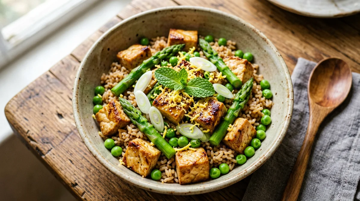 Insalata tiepida di tofu, asparagi, piselli e riso integrale