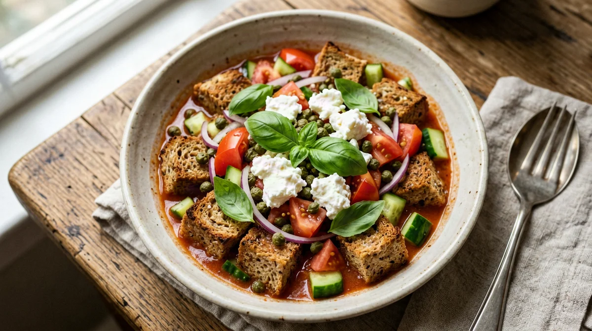 Panzanella integrale con mozzarella, cetrioli e capperi