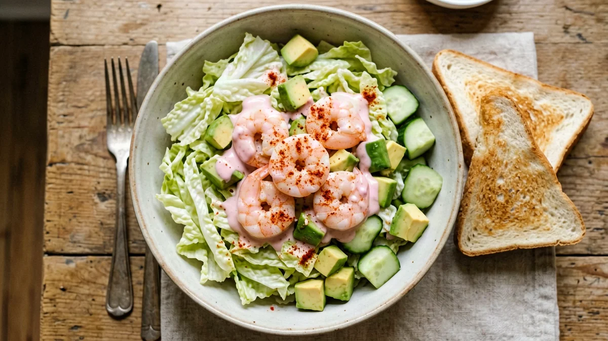 Shrimp salad with light cocktail sauce, lettuce and avocado