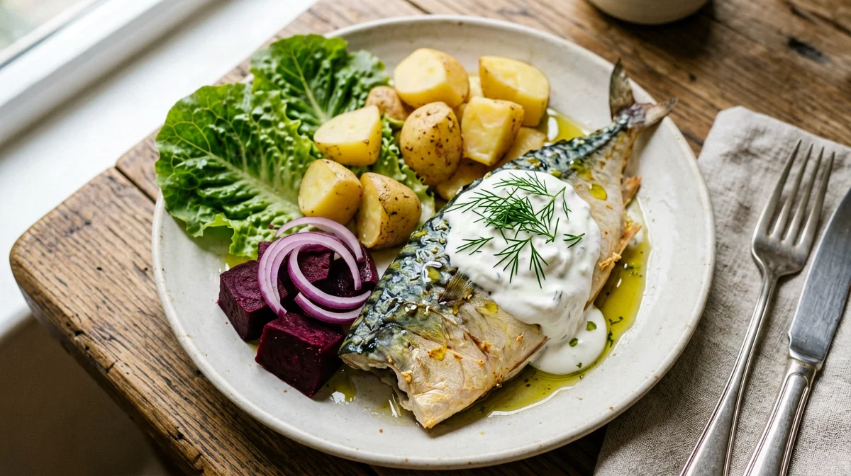 Mackerel, beetroot and potato salad with dill