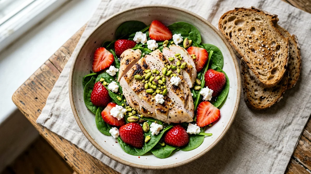 Chicken, strawberry, baby spinach and feta salad