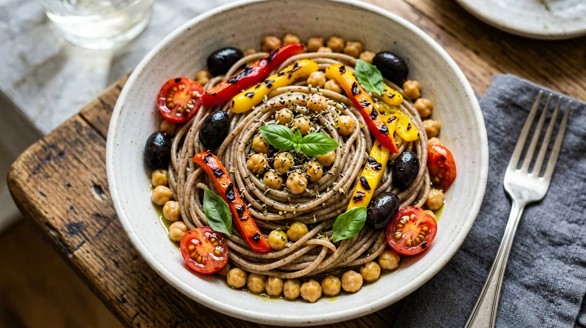 Pasta fredda integrale con ceci, peperoni e olive