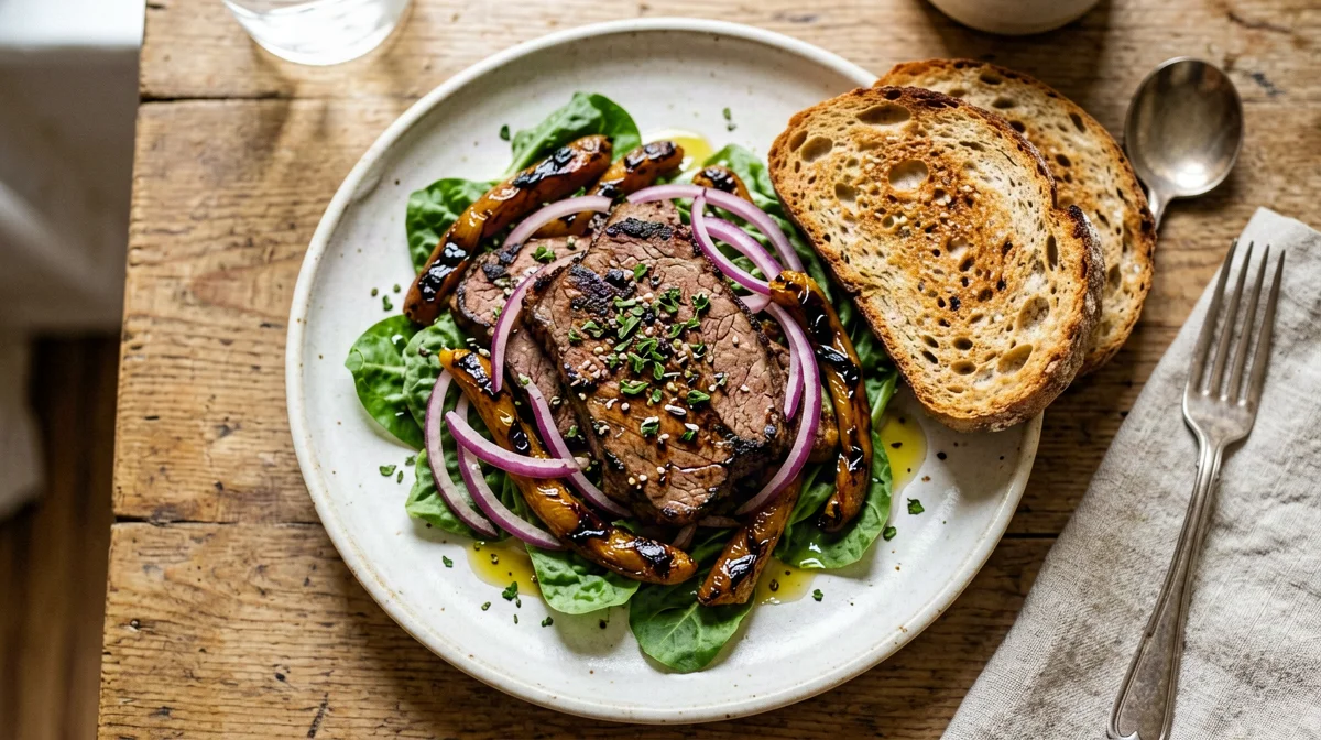 Grilled seitan salad with peppers, onions and wholemeal bread