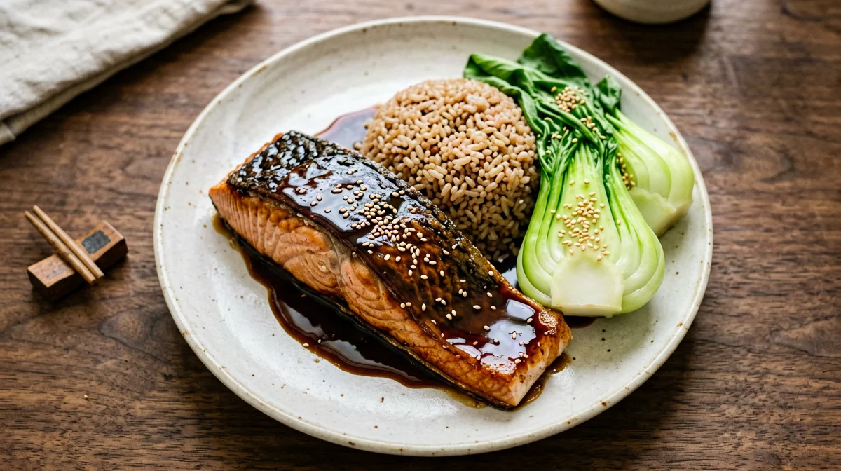 Salmone teriyaki con riso integrale e pak choi