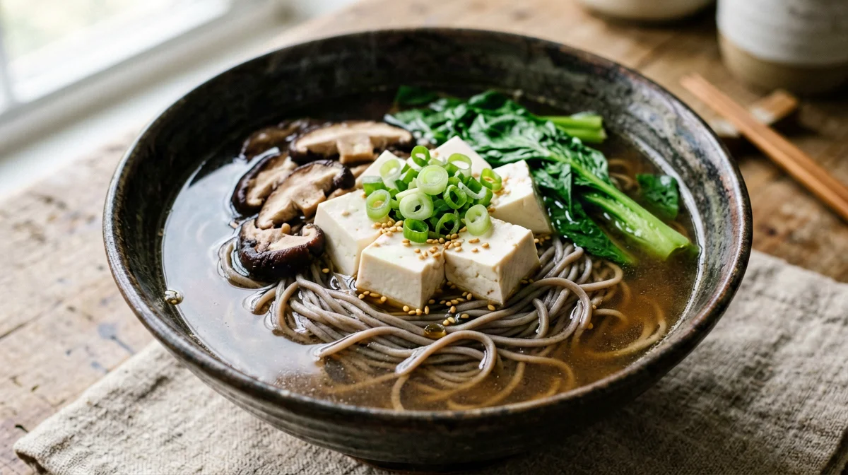 Soba noodle soup with tofu and shiitake