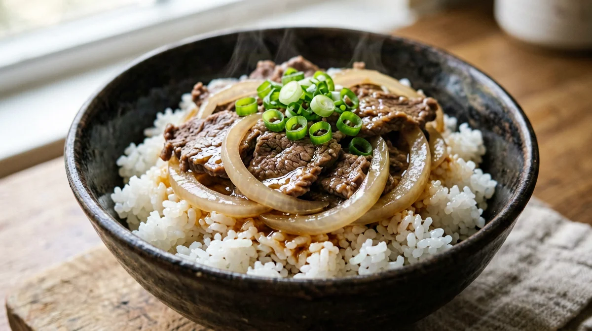Gyudon di manzo magro e cipolla su riso