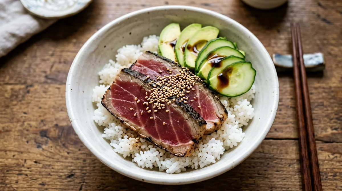 Donburi di tonno scottato con avocado e cetriolo