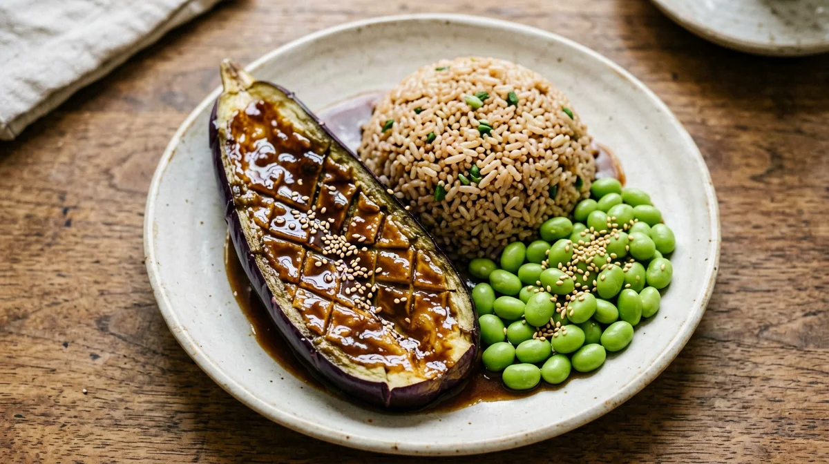 Melanzane glassate al miso con riso integrale ed edamame