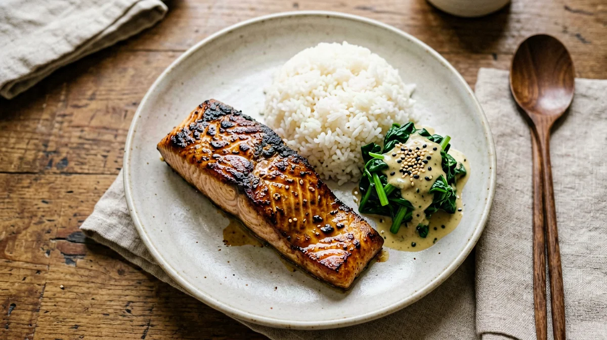 Salmone al miso al forno con spinaci al sesamo