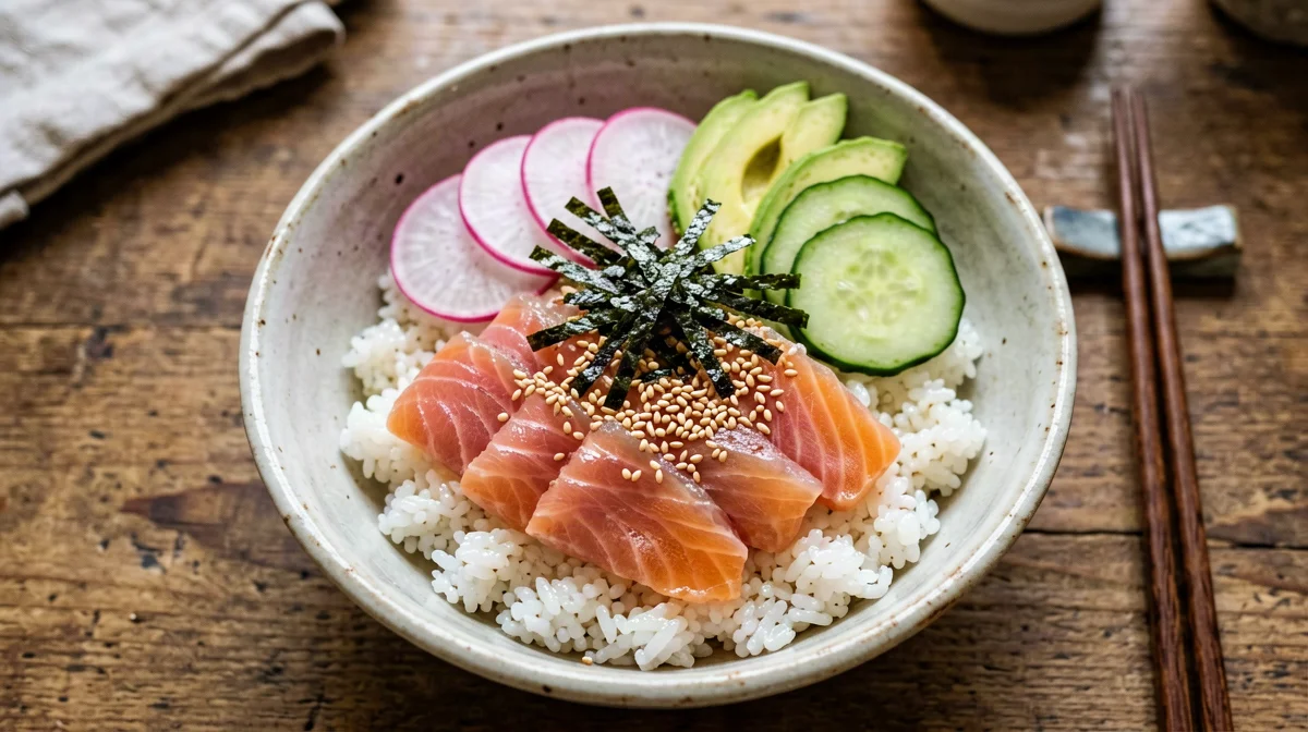 Chirashi bowl con salmone affumicato, avocado e ravanelli