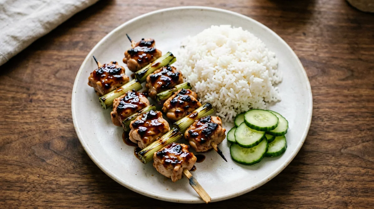 Spiedini yakitori di pollo al tamari con riso e cetrioli