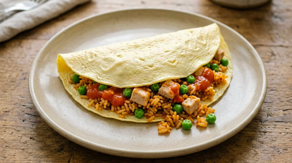 Omurice leggero con riso saltato al pollo e piselli