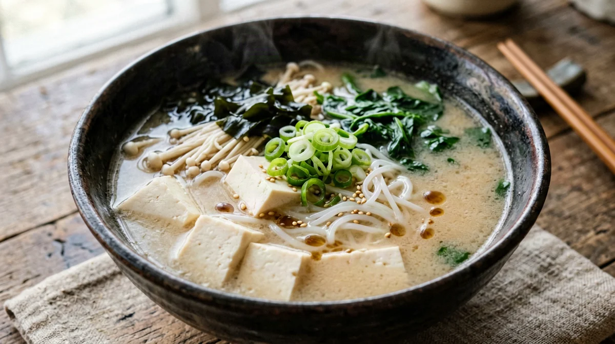 Hearty miso soup with tofu, spinach and rice noodles