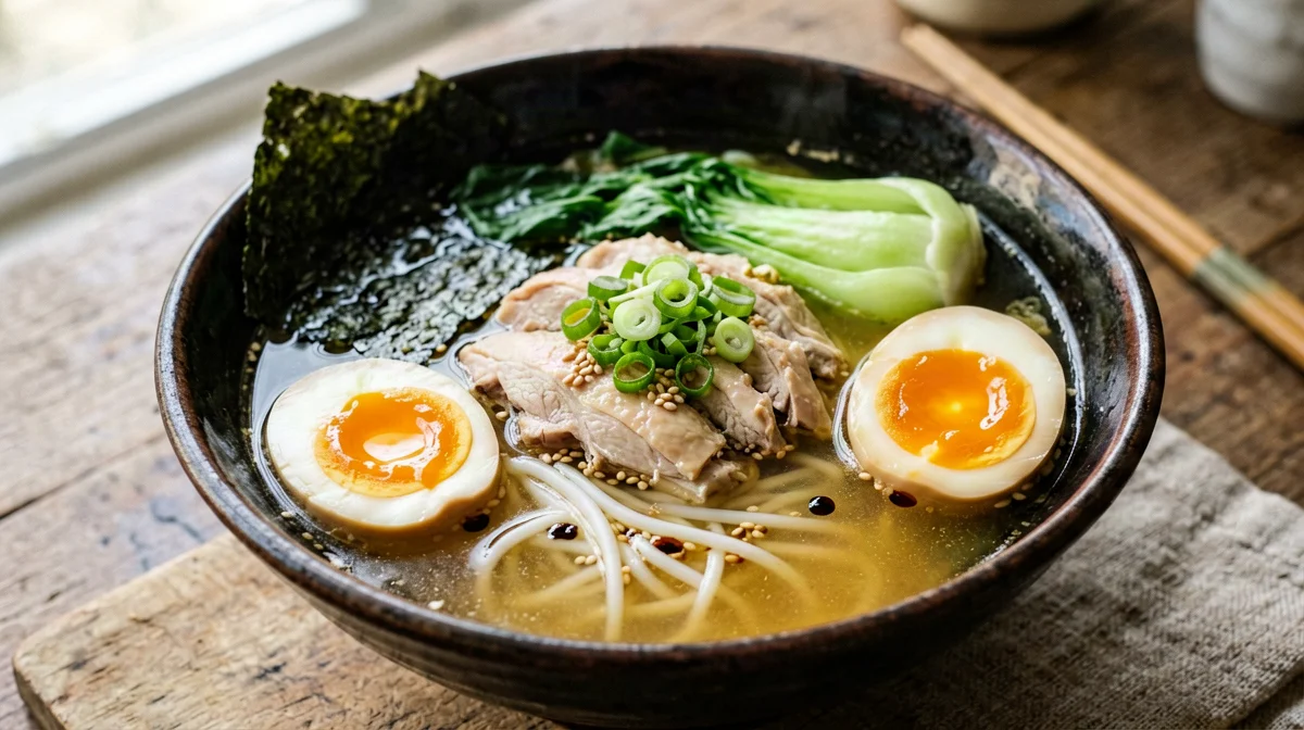Ramen di pollo con spaghetti di riso, uovo e pak choi