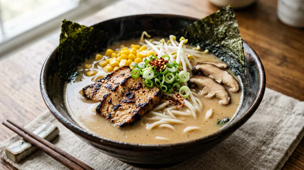 Ramen vegano al miso con tofu affumicato e mais