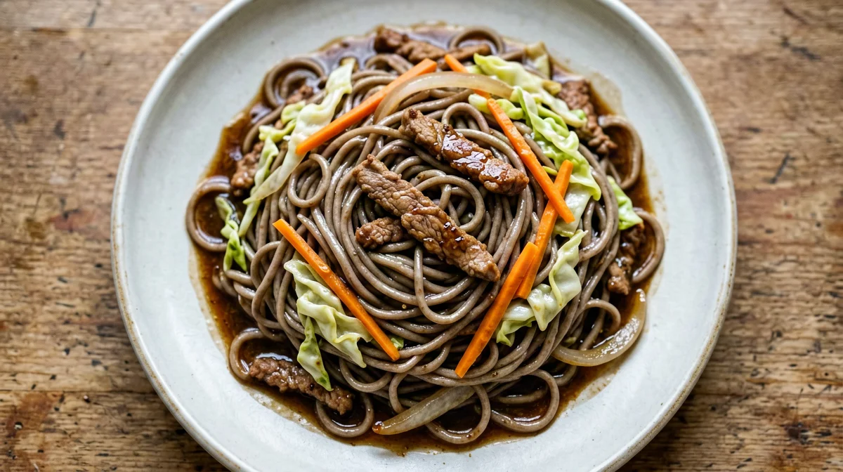 Yakisoba saltati con filetto di maiale e cavolo