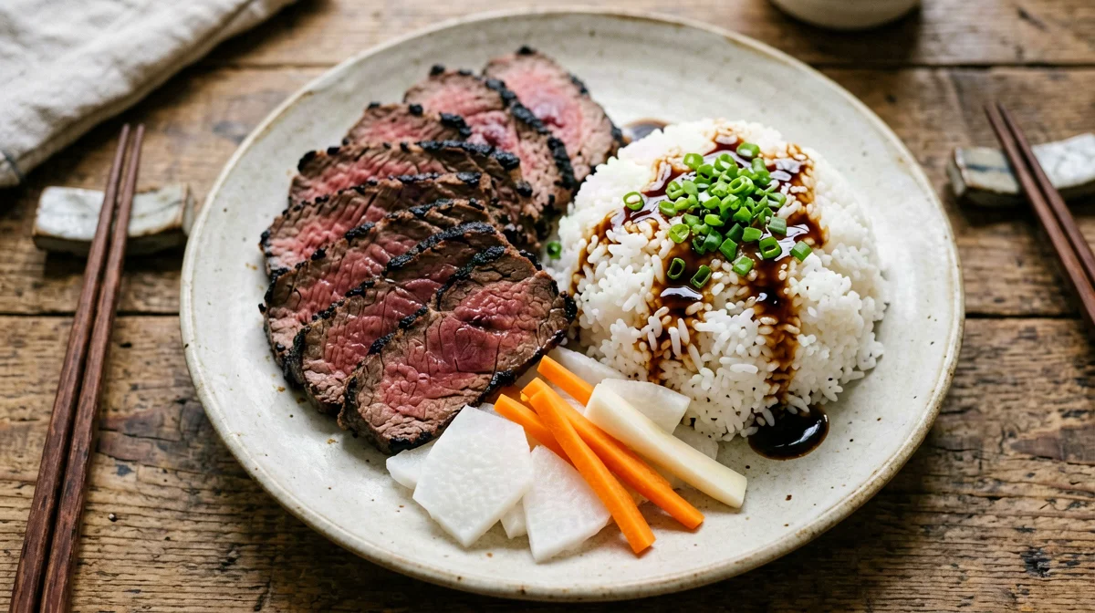 Tataki di manzo con insalata di daikon e riso