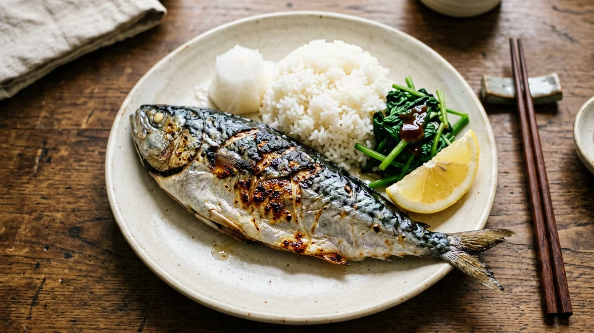 Grilled mackerel with rice, grated daikon and lemon