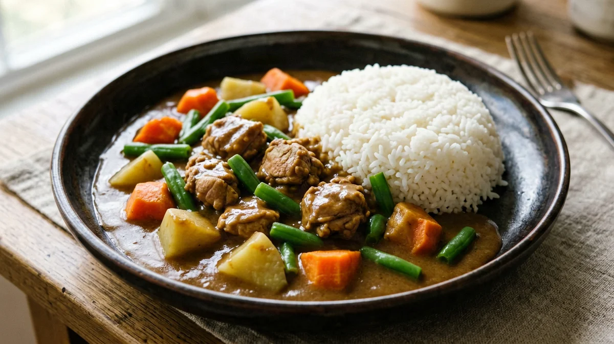 Curry giapponese di pollo con riso e fagiolini