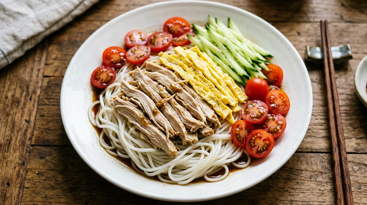 Noodle freddi hiyashi chuka con pollo, uovo e cetriolo