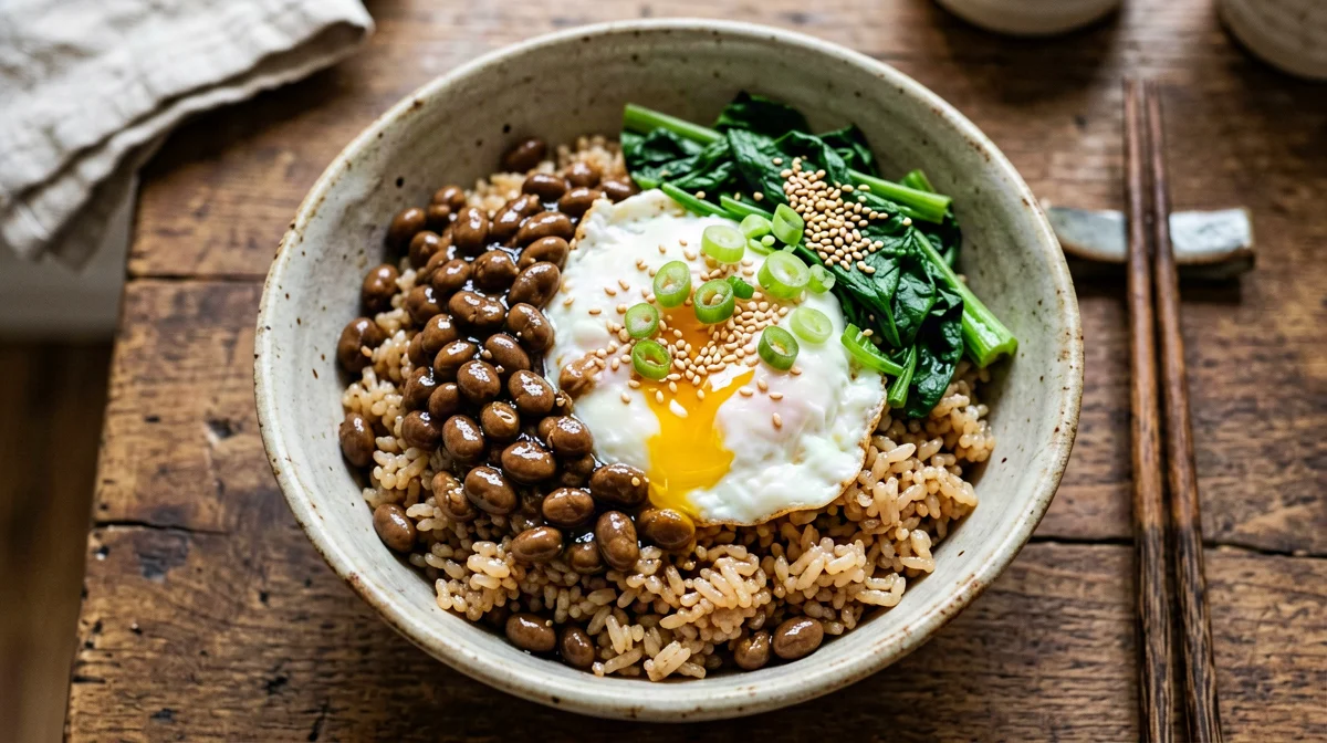 Natto gohan con uovo, cipollotto e riso integrale