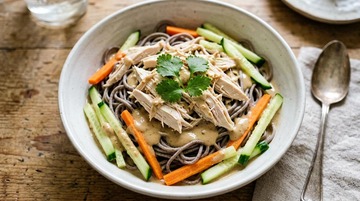 Soba salad with chicken, carrot and sesame dressing
