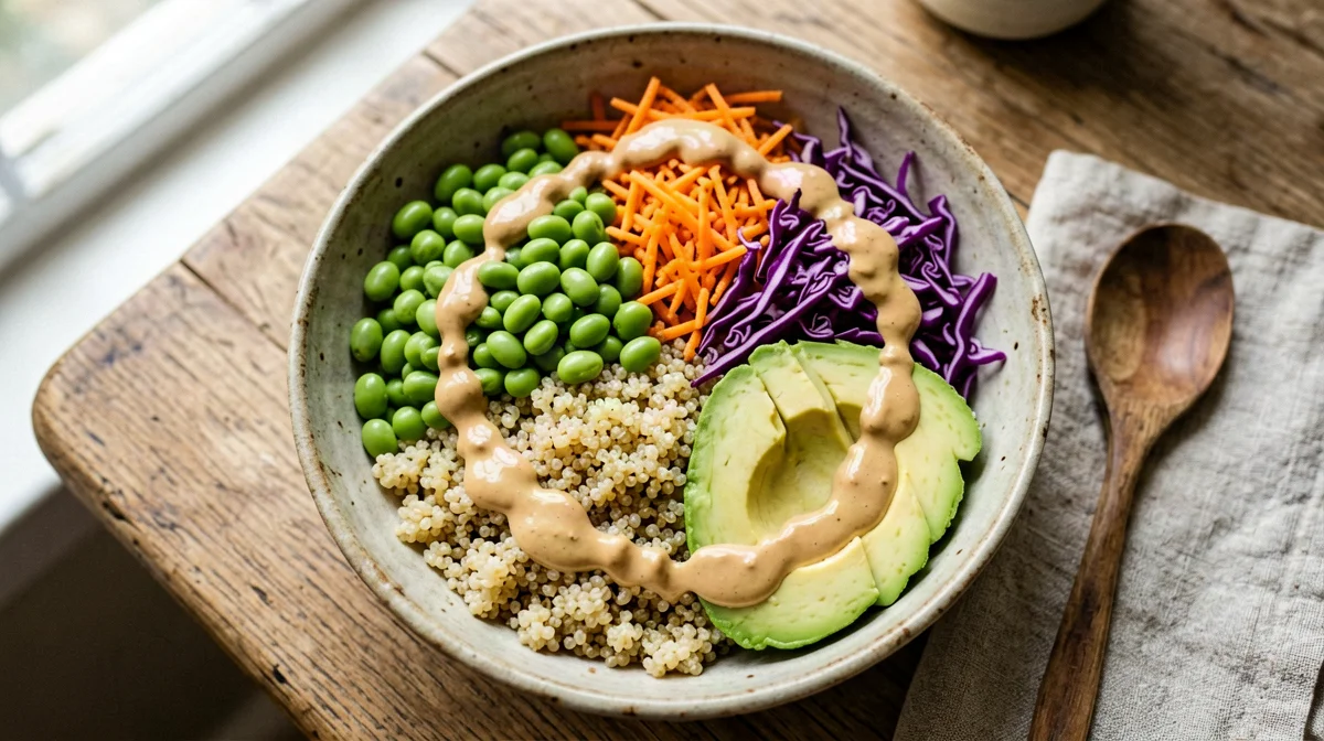Quinoa, edamame and carrot bowl with miso-ginger dressing