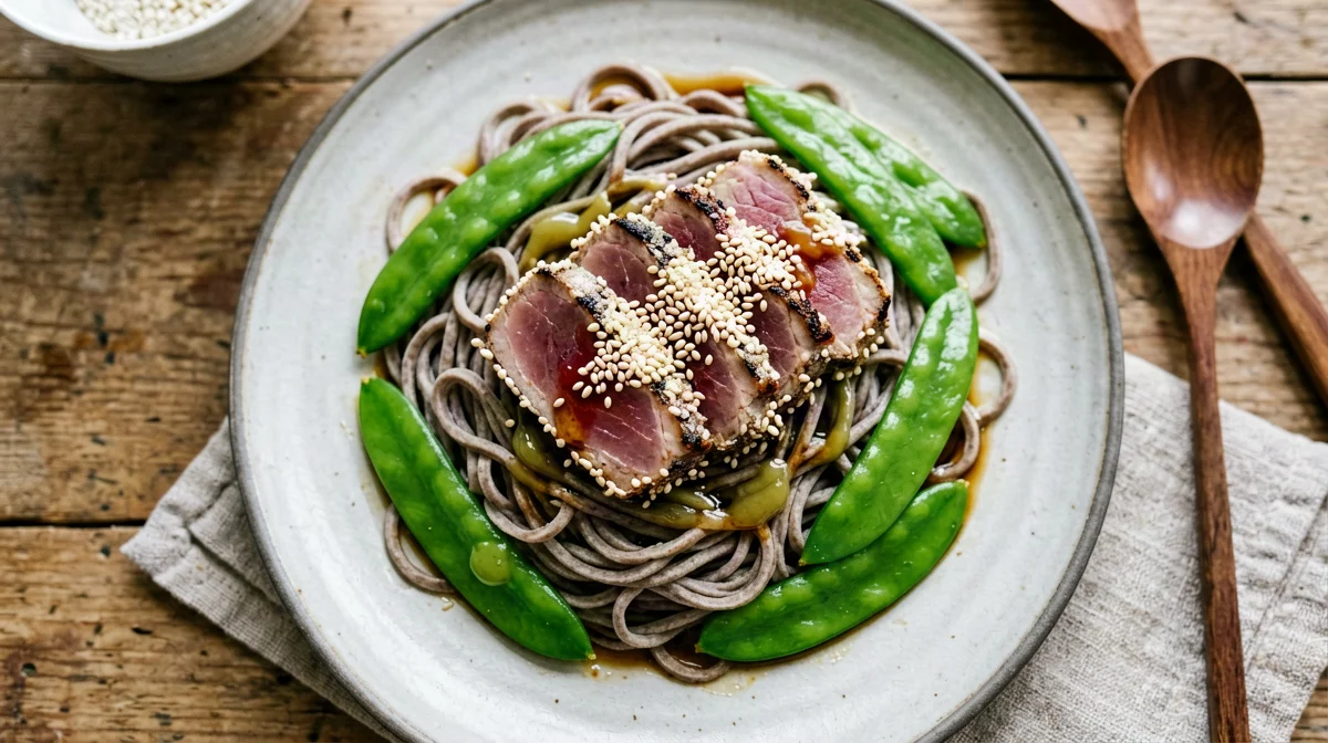 Sesame-crusted tuna with cold soba and ginger