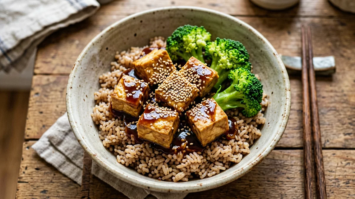 Tofu teriyaki con broccoli e riso integrale