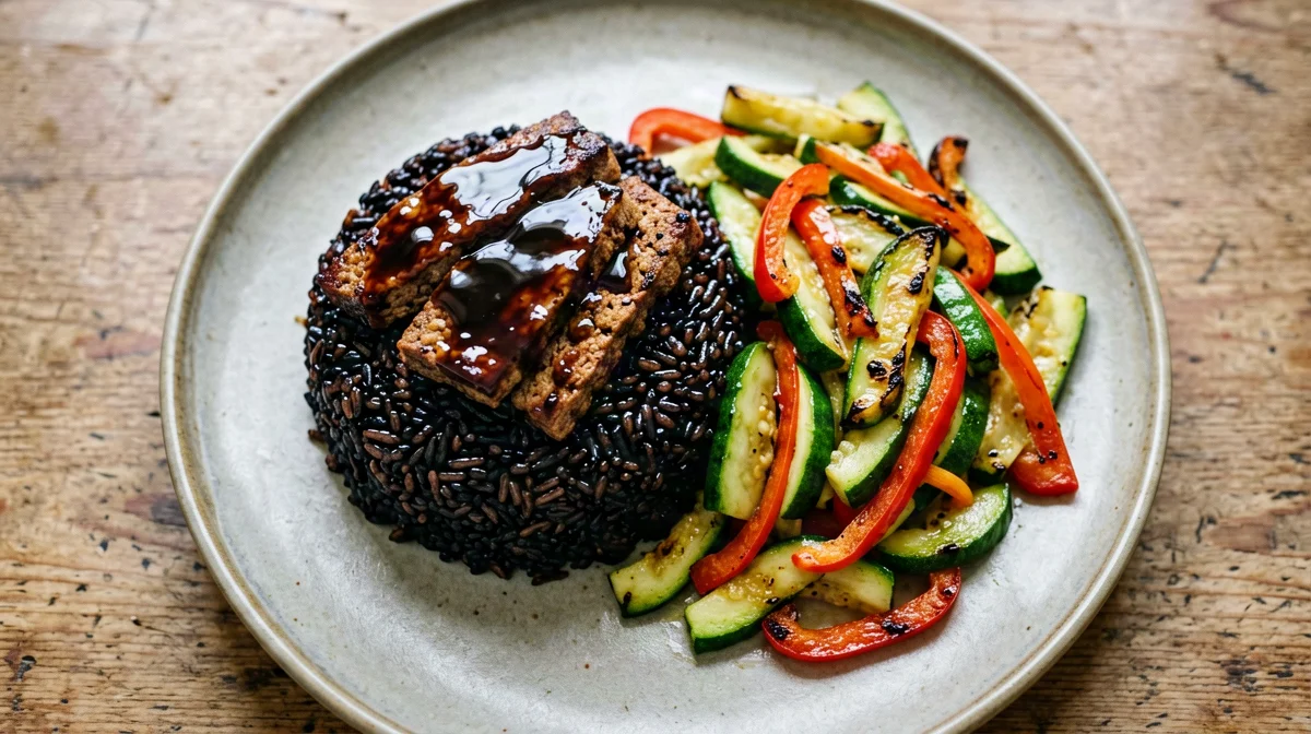 Tempeh glassato al tamari con riso Venere e verdure