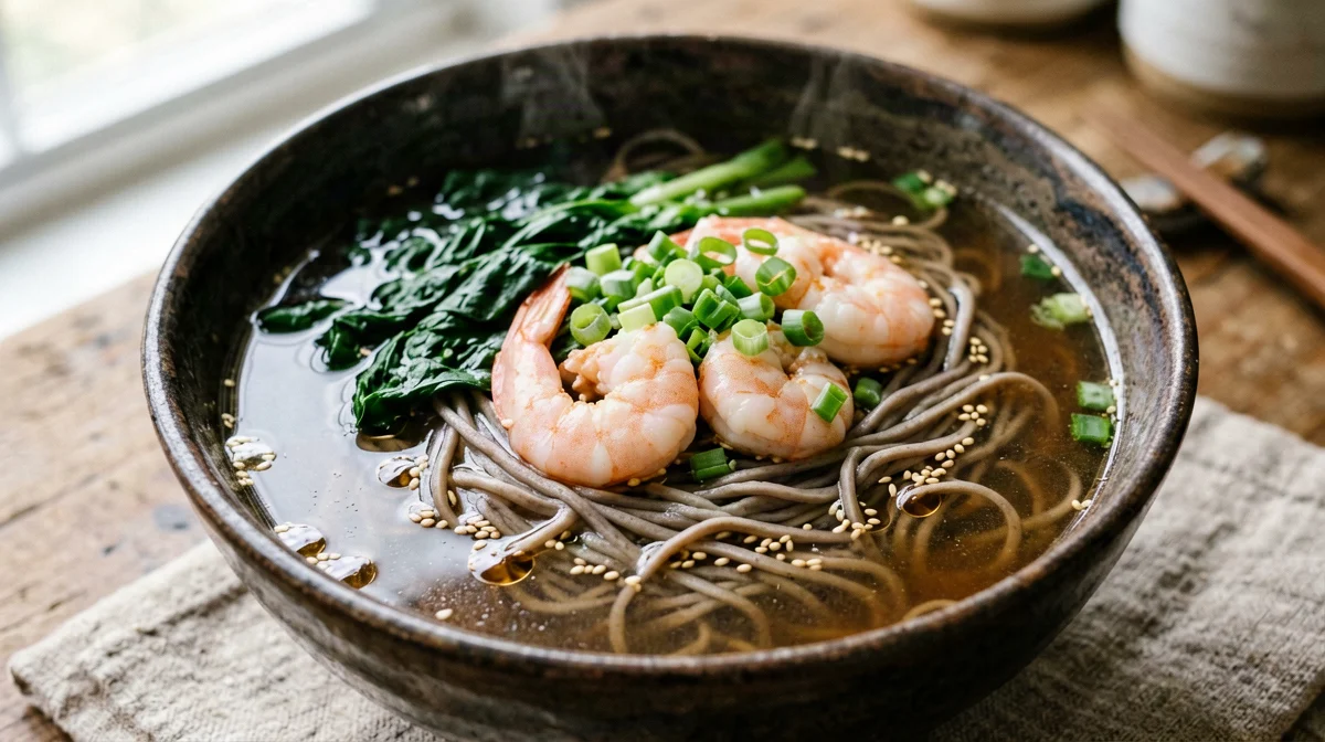 Soba in broth with prawns, spring onions and spinach