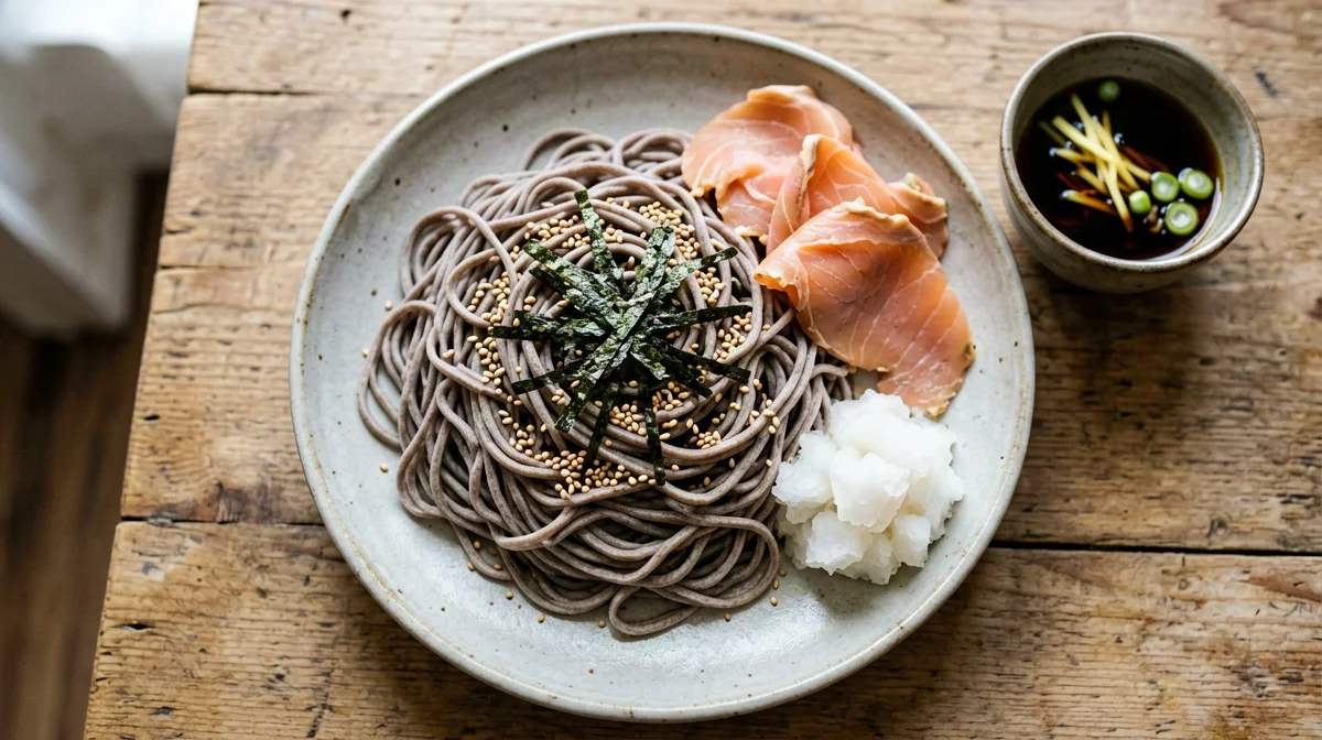 Zaru soba with smoked salmon and daikon