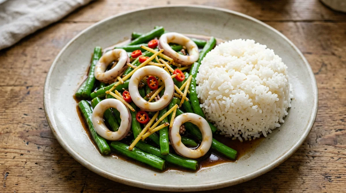 Calamari saltati allo zenzero con riso e fagiolini