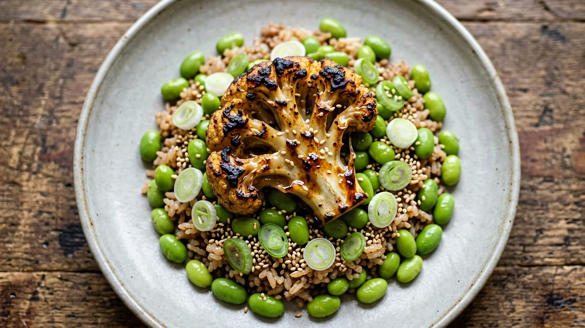 Miso cauliflower steak with brown rice and edamame